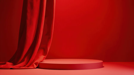 Elegant red velvet curtain backdrop for minimalist product display. Perfect for showcasing luxury goods, this studio shot offers a dramatic and sophisticated presentation. Ideal for online shops, advertising, and branding campaigns.  Clean, simple, and easily customizable mock-up template.の素材