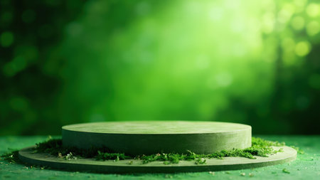 Elevated circular wooden platform nestled in lush green moss, perfect for showcasing eco-friendly products.  Ideal for spring/summer campaigns emphasizing natural, organic, and sustainable themes.  Features soft bokeh background and ample copy space.  Showcase your product with a serene, nature-inspired presentation.の素材