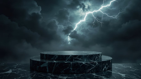 Dramatic 3D render of a dark marble platform bathed in the eerie glow of a lightning storm. Ideal for showcasing products or creating a moody, luxurious backdrop for presentations, websites, or design projects.  The textured marble and atmospheric lighting create an elegant and eye-catching scene. Perfect for luxury brands.の素材