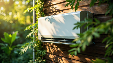 Sleek, modern air conditioner unit seamlessly blends with a rustic wooden wall, offering efficient cooling and a touch of elegance to any outdoor space.  Enjoy the summer breeze with this energy-saving HVAC system. Perfect for home improvement and enhancing outdoor comfort.の素材