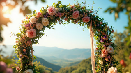 A breathtaking outdoor wedding ceremony set against a stunning mountain backdrop. A romantic floral arch, adorned with pastel pink, peach, and purple roses and lush greenery, creates a picturesque setting for the bride and groom's special day.  Ideal for wedding websites, invitations, and publications.の素材