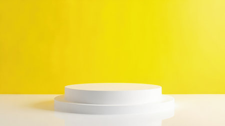 Clean, modern product display mockup featuring a minimalist white cylindrical podium on a vibrant yellow background. Ideal for showcasing products, branding, and advertising campaigns.  Empty space provides ample room for your designs. Perfect for website banners, social media, and marketing materials.の素材