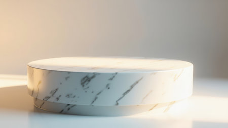 Clean, minimal product photography featuring an elegant white marble round display stand.  Perfect for showcasing cosmetics, jewelry, or other luxury items. Ideal for websites, marketing materials, and social media.  High-resolution image with subtle shadowing for a sophisticated aesthetic.の素材