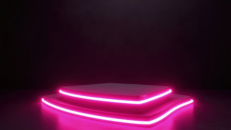 Sleek, 3D-rendered pink neon platform perfect for showcasing products.  Ideal for modern, futuristic, or technology-related presentations.  Features vibrant, glowing illumination against a dark, abstract background.  Minimalist design, excellent for clean and elegant product displays.の素材