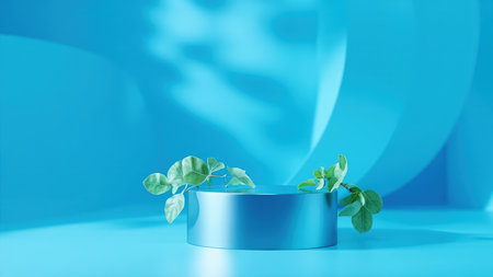 Clean, minimal product display mockup featuring a vibrant blue cylindrical stand adorned with fresh green leaves.  Perfect for showcasing cosmetics, beauty products, or other items. Ideal for branding, advertising, and promotional materials.  Studio-quality backdrop ensures a professional, serene aesthetic.の素材