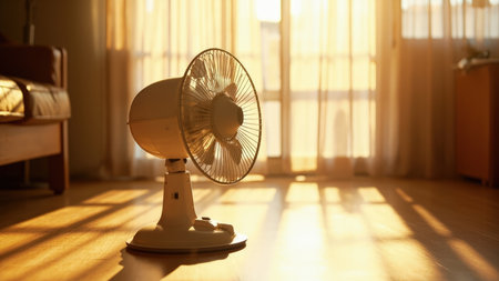 Stay cool this summer with this refreshing image of a white desk fan providing a cooling breeze in a bright, sunny room.  Perfect for illustrating summer heat, home comfort, or the benefits of air circulation. The airy atmosphere and warm sunlight create a welcoming and comfortable scene.の素材