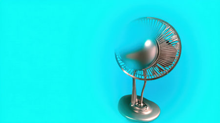A sleek, silver desk fan rotates against a vibrant turquoise backdrop.  Perfect for illustrating concepts of cooling, summer, technology, or home office efficiency.  High-resolution studio shot with minimal distractions, ideal for clean and modern designs.の素材