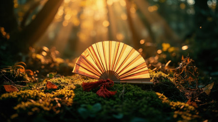 A golden hand fan rests delicately on a bed of vibrant green moss in a sun-drenched forest.  Warm sunlight filters through the leaves, creating a peaceful and magical atmosphere. Perfect for adding a touch of whimsical elegance to your designs. Ideal as a background, wallpaper, or design element.の素材