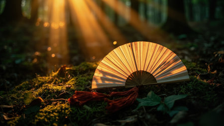 Elegant wooden hand fan rests amidst a sun-dappled forest scene. Golden hour sunlight filters through leaves, casting a magical glow.  Perfect for themes of peace, tranquility, and Asian aesthetics. Ideal for websites, blogs, or print materials needing a touch of serenity and natural beauty.の素材