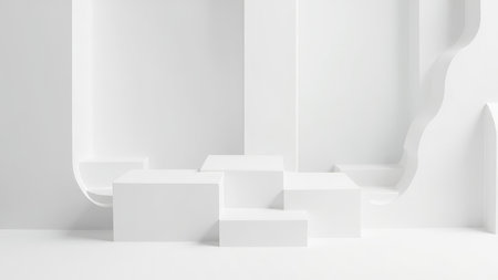 Clean, minimalist product display featuring white geometric shapes. Ideal for showcasing products in a modern, elegant setting.  Perfect for websites, brochures, and marketing materials.  High-resolution 3D render with seamless texture.  A simple, sophisticated backdrop for your brand.の素材