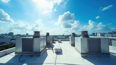 High-angle view of several HVAC units on a commercial building rooftop against a vibrant city skyline on a sunny day.  The image showcases modern urban infrastructure and industrial equipment against a backdrop of blue sky and fluffy clouds. Ideal for illustrating commercial HVAC, urban landscapes, or industrial themes.の素材