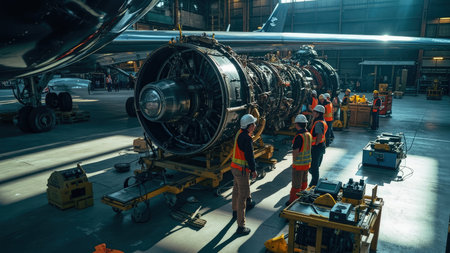 Two skilled aviation maintenance technicians meticulously inspect a powerful jet engine within a hangar, showcasing their expertise and the complex precision of aircraft engine maintenance.  The image highlights teamwork, safety, and the detailed nature of this crucial aviation industry service.の素材