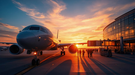 Passengers board a modern commercial airplane at sunset during international travel.  A beautiful golden hour sky provides a dramatic backdrop to this image of air travel, capturing the excitement of departure and the promise of adventure.  Perfect for travel agencies, blogs, or illustrating articles on global journeys.の素材
