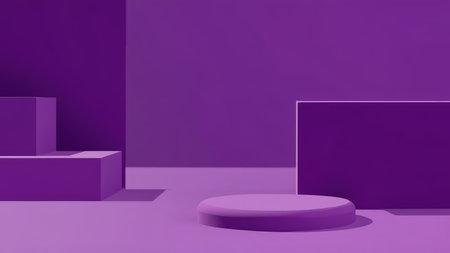 Clean, minimalist product display mockup featuring vibrant purple geometric shapes.  Ideal for showcasing cosmetics, tech, or other products.  3D render of a modern, abstract studio scene with a clean backdrop and subtle shadows. Perfect for online stores, marketing materials, and presentations.の素材