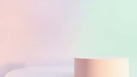 Clean, minimalist 3D render of a pastel-colored cylinder display platform.  Perfect for product presentations, branding mockups, and website design.  Features soft gradients of pink, green, and white against a simple, elegant backdrop. Ideal for showcasing your products in a sophisticated and modern way.  High-resolution image suitable for various applications.の素材