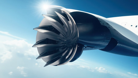 Close-up detail of a powerful airplane turbine engine against a bright sunny sky.  Illustrates concepts of aviation, technology, speed, and travel.  Perfect for themes of air travel, aerospace engineering, and modern transportation. Ideal for websites, brochures, and publications.の素材