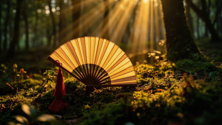 A golden hand fan rests gently on a mossy forest floor, bathed in warm sunlight.  Sunbeams filter through the trees, creating a serene and peaceful atmosphere.  The image evokes feelings of tranquility and relaxation, perfect for themes of zen, meditation, or Asian culture.  Detailed close-up photography captures the intricate texture and red tassel.の素材