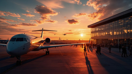 Spectacular sunset view of a passenger airplane taxiing on the runway, with other aircraft in the sky and terminal buildings visible in the background.  Golden hour lighting enhances the dramatic scene, ideal for travel, aviation, and transportation themes.の素材