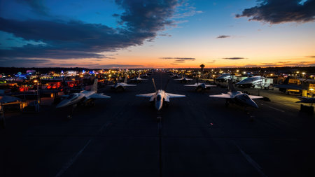 Spectacular panoramic view of fighter jets illuminated on the tarmac at sunset during an airshow.  The aircraft are lined up in a row, creating a dramatic scene against the twilight sky and city lights in the background. Perfect for aviation, military, and defense themes.の素材