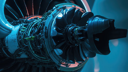 Close-up detail of a powerful jet engine turbine, showcasing intricate mechanical engineering and advanced aerospace technology.  The image highlights the complex design and powerful machinery used in modern aviation.  Ideal for illustrating themes of industrial technology, transportation, and high-tech innovation.の素材
