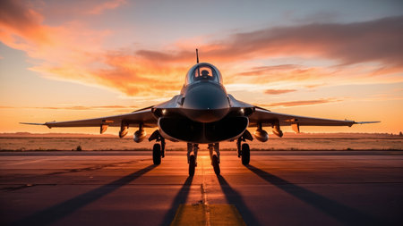 Dramatic silhouette of a fighter jet on a runway at sunset.  Golden hour light creates a powerful and majestic image, showcasing the aircraft's speed and power against a vibrant sky. Perfect for themes of military aviation, defense, technology, and speed.の素材