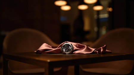 A sophisticated men's chronograph wristwatch rests on rich brown silk fabric.  The luxurious setting, subtly blurred with bokeh lighting, evokes elegance and high-end style.  Perfect for advertising campaigns targeting affluent gentlemen who appreciate premium timepieces and classic fashion accessories.の素材