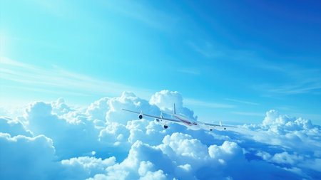 A high-altitude aerial shot of a commercial airplane soaring above a breathtaking expanse of fluffy white cumulus clouds under a vibrant blue sky. Perfect for travel, aviation, or freedom-themed projects. Ideal as a background, wallpaper, or backdrop. Evokes feelings of serenity and adventure.の素材