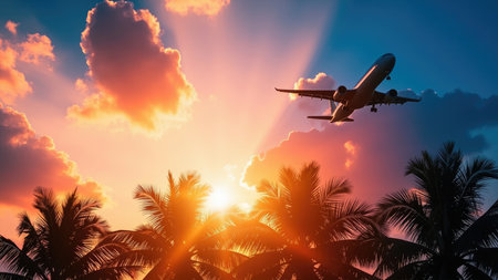 Silhouette of an airplane in flight over a vibrant tropical sunset. Palm trees and ocean are visible below, creating a stunning travel and vacation backdrop. Ideal for tourism, holiday, and getaway promotions. Evokes feelings of freedom, adventure, and paradise.の素材