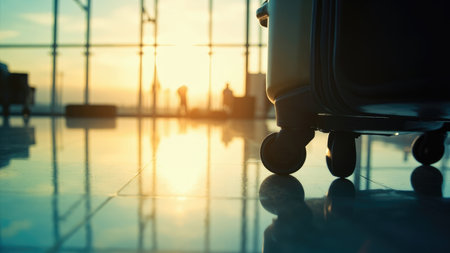 Silhouette of a rolling suitcase at sunset, reflecting on a shiny airport floor.  Captures the essence of travel, departure, and adventure. Ideal for themes of journey, vacation, and exploration.  Perfect for travel blogs, websites, and brochures.の素材