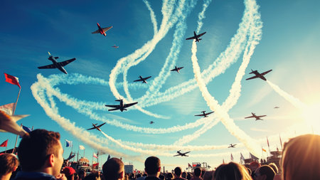 Spectacular aerobatic team performs breathtaking maneuvers at a vibrant air show.  High-speed jets streak across a sunny blue sky, leaving dramatic smoke trails.  A large crowd cheers the exciting display of teamwork, precision, and skill. Perfect for aviation, military, or event promotion.の素材