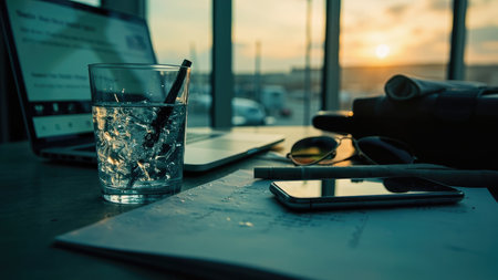 Serene sunset workspace featuring a laptop, smartphone, glass of water, and notes.  Minimalist and modern design, perfect for depicting calm productivity, remote work, or summer business concepts.  Teal and blue hues create a peaceful atmosphere.の素材