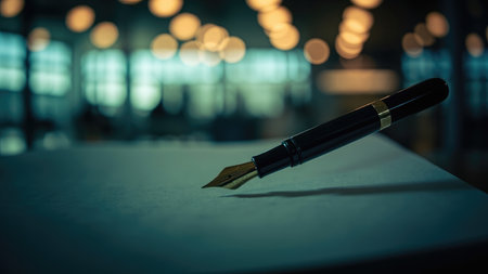 Close-up of an elegant gold and black fountain pen resting on blank white paper against a softly blurred bokeh background.  Perfect for concepts of luxury, business, writing, contracts, and sophisticated branding.  High-resolution image ideal for print and web.の素材