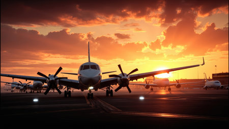 Golden hour sunset illuminates a row of airplanes parked on the tarmac.  Perfect for travel, aviation, and transportation themes.  Captures the beauty and excitement of air travel. Ideal for websites, brochures, and marketing materials related to airlines, airports, and vacations.の素材