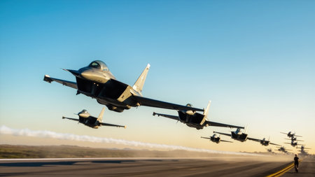 Dynamic low-level flight display by fighter jets in precise formation at an airshow.  Powerful aircraft demonstrate incredible speed, maneuverability, and teamwork against a dramatic sky backdrop.  A captivating spectacle of military aviation technology.の素材