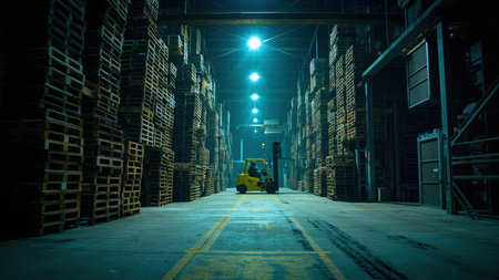 A lone forklift maneuvers through a dimly lit warehouse, navigating stacks of pallets.  The cool blue and teal tones of the night lighting highlight the industrial setting and emphasize the scale of the operation.  The image conveys themes of logistics, shipping, and efficient warehouse management.の素材