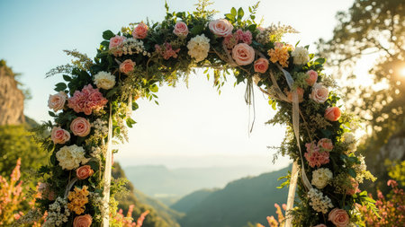 A breathtaking outdoor wedding ceremony set against a stunning mountain backdrop. A romantic floral arch, adorned with pink, peach, and white roses and lush greenery, creates a picturesque setting for the bride and groom's special day.  The idyllic scene is bathed in the warm glow of a sunset, capturing the beauty and love of the moment.の素材