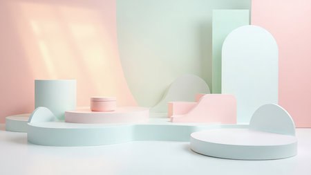 Clean, minimalist product display background featuring soft pastel pink and green shapes. Ideal for showcasing cosmetics, beauty products, or branding materials.  Perfect for website banners, social media posts, or advertising mockups.  Simple, modern design with a gentle, abstract aesthetic.の素材