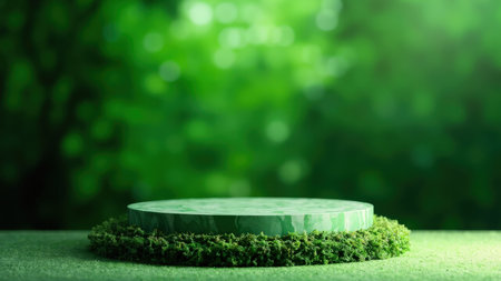 Showcase your eco-friendly product on this clean, modern mockup.  A round, moss-covered platform provides a natural, sustainable setting perfect for spring/summer campaigns. Ideal for branding, advertising, and marketing presentations.  This high-resolution template features lush greenery and a fresh, healthy aesthetic.の素材