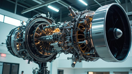 Close-up detail of a powerful jet engine turbine, showcasing intricate metalwork and complex mechanics.  This image represents cutting-edge aerospace engineering, industrial technology, and the power of modern aviation. Ideal for illustrating themes of innovation, manufacturing, and high-tech machinery.の素材