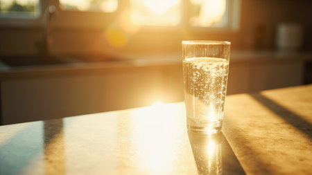 Golden hour sunlight streams into a modern kitchen, illuminating a glass of sparkling water on the countertop.  The image evokes feelings of refreshment and a healthy lifestyle. Perfect for blogs, websites, or advertisements related to beverages, healthy living, or kitchenware.  The clean, transparent glass showcases the bubbly water, capturing the essence of a pure and refreshing drink.の素材
