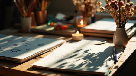 A sunlit artist's workspace featuring sketchbooks, pencils, candles, and flowers.  The scene evokes a calm and creative atmosphere, ideal for projects requiring inspiration.  Natural light casts soft shadows, highlighting the cozy and aesthetically pleasing arrangement of art supplies on a wooden desk. Perfect for blogs, articles, or websites focused on art, design, creativity, and home offices.の素材
