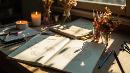 A sunlit artist's workspace featuring a sketchbook, pencils, dried flowers, and candles.  The scene evokes a feeling of calm creativity and inspiration, ideal for projects related to art, design, and home offices.  Natural light creates soft shadows, enhancing the aesthetic appeal of this peaceful, botanical still life.の素材
