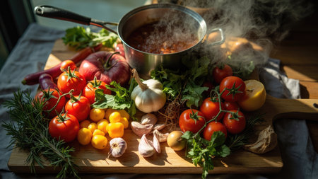 A vibrant, rustic scene of fresh tomatoes, garlic, and herbs steaming in a pot.  The delicious, healthy ingredients are ready for cooking a flavorful Mediterranean or Italian meal.  Sunlight illuminates the wooden board, showcasing the organic vegetables and creating a warm, inviting atmosphere perfect for home cooking and recipe inspiration.の素材