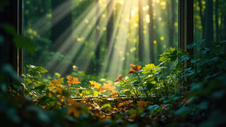 Golden hour sunlight streams through a window, illuminating a vibrant collection of forest plants and leaves.  The scene is serene and peaceful, showcasing the beauty of natural light and shadow play on lush green foliage.  Perfect for themes of nature, tranquility, and the magical atmosphere of autumn woods.の素材