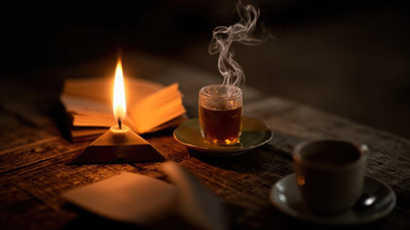 Escape the everyday with this image of tranquil evening relaxation.  A steaming mug of tea sits beside an open book illuminated by warm candlelight on a rustic wooden table. The soft, dim light creates a cozy and inviting atmosphere, perfect for evoking feelings of peace, comfort, and quiet contemplation. Ideal for blogs, websites, or publications focusing on home, relaxation, or self-care.の素材