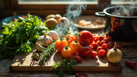 Vibrant, fresh tomatoes, garlic, and herbs arranged on a rustic wooden board in a sunlit kitchen.  Perfect for recipes, cooking blogs, or any project needing a healthy, home-cooked feel.  The image evokes the warmth of summer and the deliciousness of fresh, organic ingredients. Ideal for culinary themes and healthy eating concepts.の素材