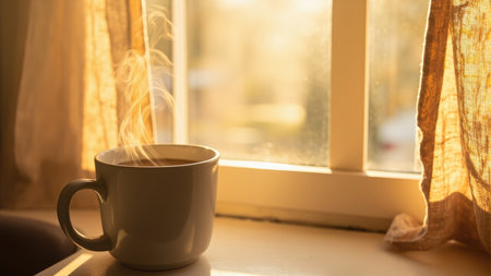 Enjoy a warm cup of coffee on a cozy morning.  Golden sunlight streams through a window, illuminating a steaming mug on a windowsill.  Perfect for themes of relaxation, comfort, and peaceful mornings. Ideal for blogs, websites, and social media related to home, hygge, and autumnal vibes. This image evokes feelings of warmth and tranquility.の素材