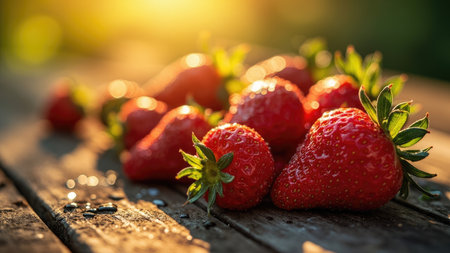 Close-up shot of vibrant, ripe strawberries bathed in golden sunlight on a rustic wooden table.  Perfect for illustrating summer freshness, healthy eating, or food-related themes.  The image showcases the juicy texture and rich red color of the fruit, ideal for blogs, websites, or recipe books.  High-resolution image with excellent detail.の素材