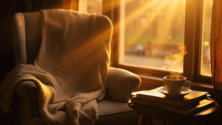 Relax and unwind in this cozy armchair bathed in golden sunlight streaming through a nearby window.  A warm blanket, a hot drink, and a stack of books complete this inviting scene of peaceful relaxation at home. Perfect for concepts of comfort, home interiors, and morning serenity.の素材