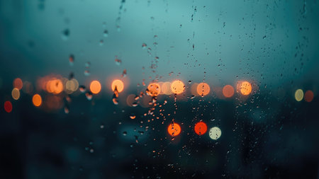 Dreamy, atmospheric view of a rainy city night, seen through a rain-streaked window.  Blurred city lights create a bokeh effect, offering a serene and peaceful mood.  Perfect for projects needing a romantic, contemplative, or moody background.  Teal and orange hues add a touch of warmth to the dark, urban scene. Ideal for travel, romance, or reflective themes.の素材